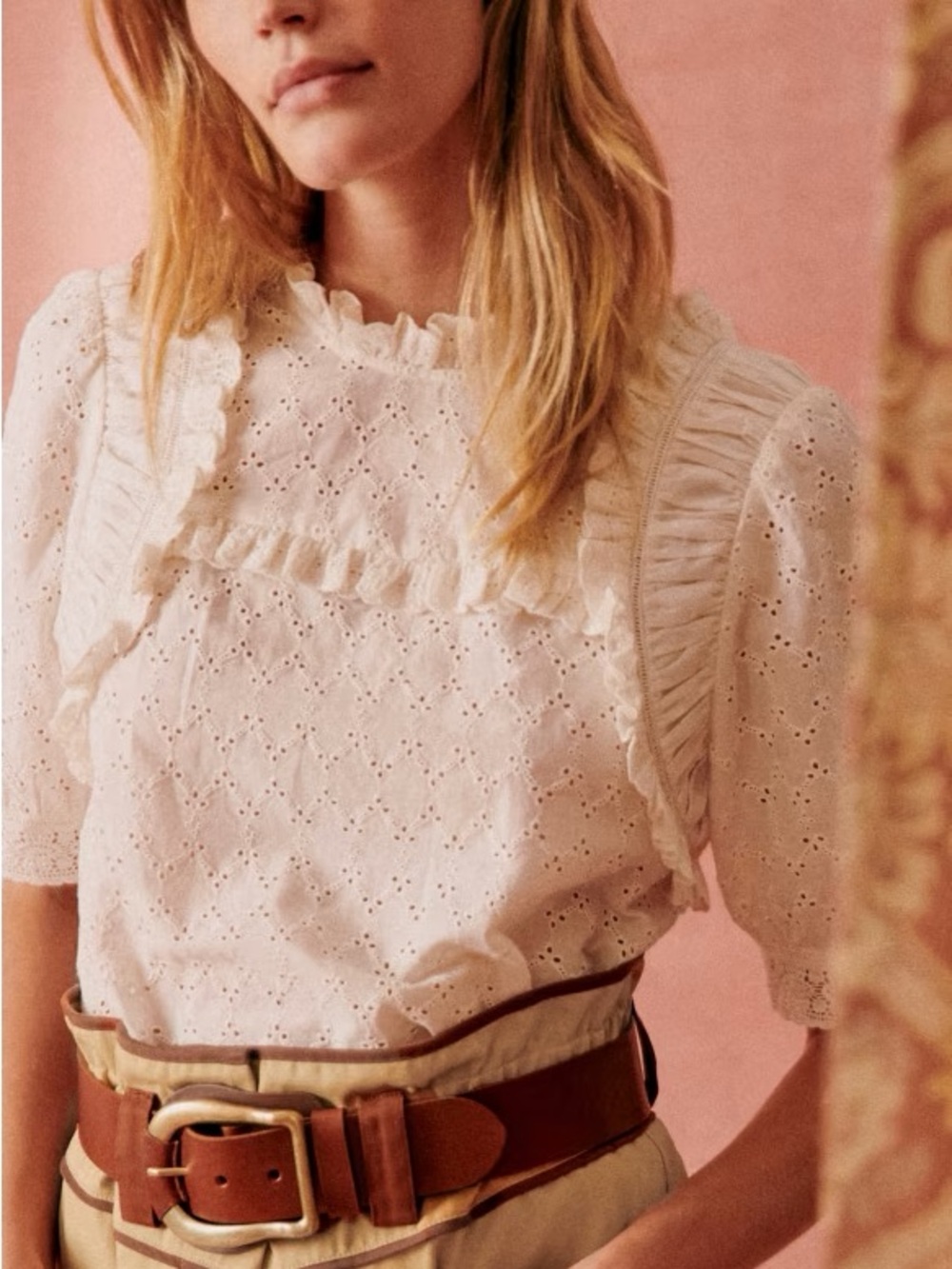 NEW Sezane Thio Ivory Eyelet Ruffle Blouse 10 - Picture 4 of 5